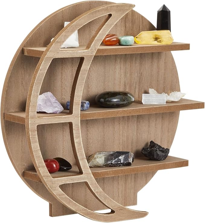 Farmlyn Creek Wooden Crescent Moon Shelf - Rock Shelf & Wall Holder for Stones - Essential Oil Display & Crystal Organizer - Free-Standing Rack - Rustic Brown, 12 x 12 x 3 in