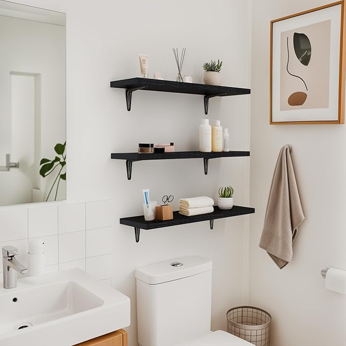 SKYSEN Floating Shelves for Wall Set of 6, 23.6in Wood Wall Shelf for Decor, Bathroom, Bedroom, Storage, Book,Kitchen, Living Room - Black(fs-60-b)