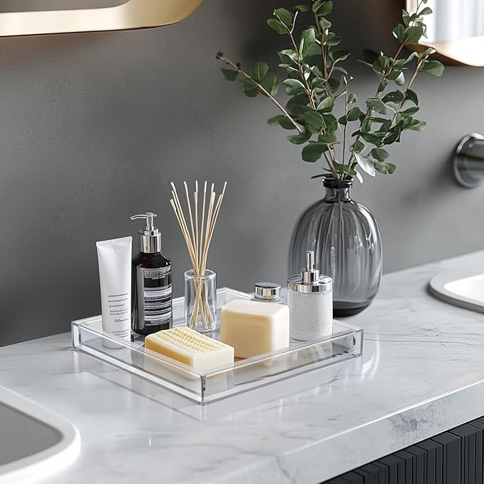Clear Acrylic Tray - 10"x10" Multipurpose Square Decorative Tray for Perfume Display & Serving, Bathroom Sink Vanity Organizer Tray for Bathroom, Vanity, Coffee Table, Living Room Decor