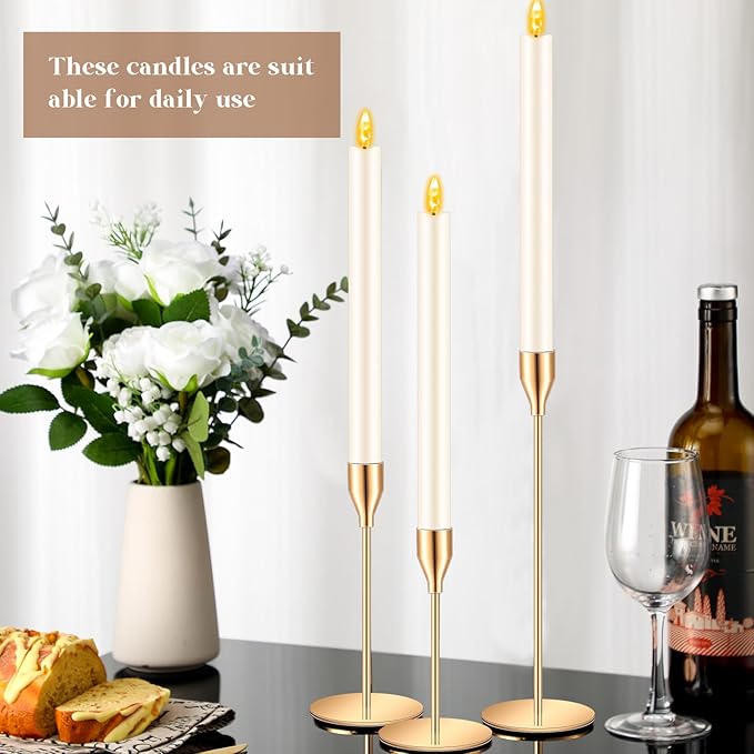 FillTouch 30 Pcs Gold Candlestick Holders with Flameless LED Candles Bulk Includes 15 Metal Candle Holders 15 Ivory Battery Operated Taper Candles for Wedding Valentines Table Centerpieces Home Decor