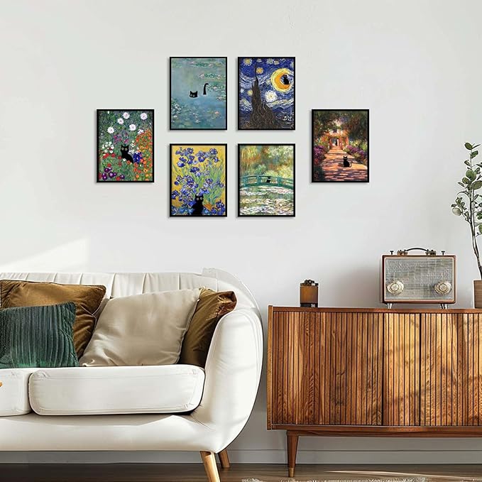 Hamduker Funny Black Cat Wall Art, Monet Art Water Lily Cat Wall Art Decor, Preppy Aesthetic Cat Posters for Bedroom Bathroom Living Room (Size: 16''x20''x1pcs)