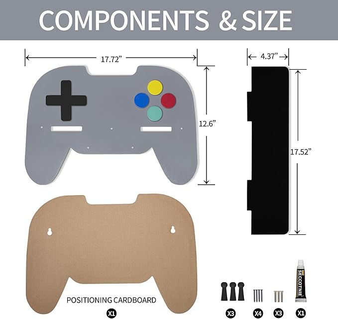 Game Room Decor Gaming Floating Shelf for Wall - Retro Controller Shaped Wooden Display Rack with Hooks for Controllers and Headphones, Gray, Gaming Room Organizer for Boys and Teens