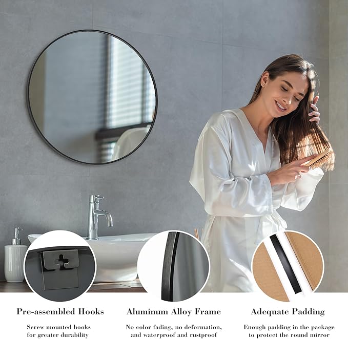NEWBULIG Black Round Wall Mirror 24 Inch, Bathroom Mirrors for Over Sink, Wall Decor for Bathroom, Entryway, Bedroom, Vanity