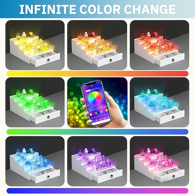 RGB LED Lighting Perfume & Cologne Organizer for Men with APP Control,Music Beat Sync LED,Cologne Stand Shelf,4-Tier white Wood,Ideal Gift for Men,Includes 12V Power Adapter for Instant Use (white)