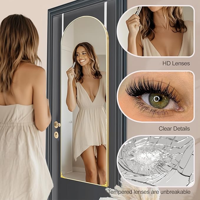 48"x14" Door Mirror, Arched Full Length Mirror, Over the Door Mirrors Full Length, Hanging Mirrors for Bedroom, Bathroom, Gold