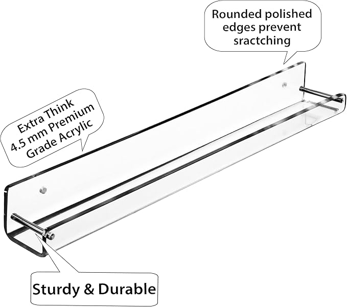 AMT 3 Pack Acrylic Floating Shelves, 15 L x 1.8 W, Clear Bathroom Wall Shelf, Bookshelves, Invisible Display for Office, Bedroom, Small Gap Allows Water to Escape, Free Screws & Drill Bit (Small)