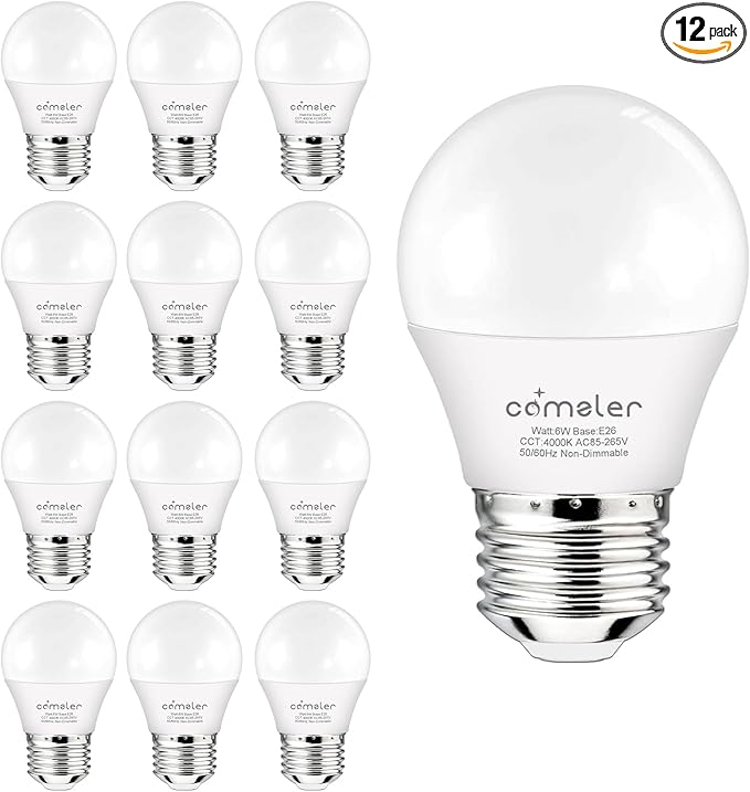 comzler 12 Pack E26 LED Light Bulb, 4000K Natural White 6 Watt 60W Equivalent Small Light Bulbs, A15 Shape Medium Screw Base for Ceiling Fan, CRI 85+, 400Lumen, Non-Dimmable, Home Lighting Decorative