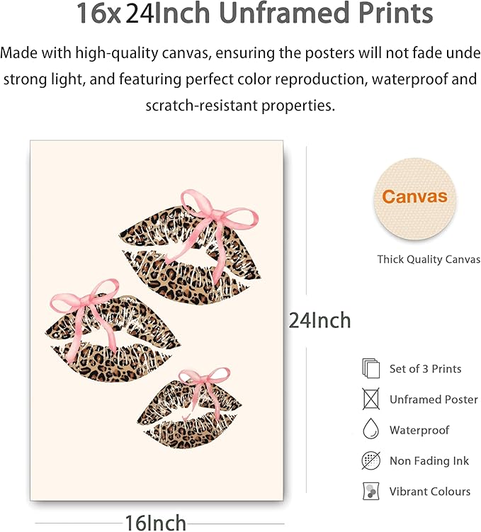 YZLYAD 3Pcs Pink Trendy Leopard Wall Art,Fashion Cheetah Lucky 8-Ball Canvas Posters,Lip Bow Painting Pictures,Preppy Y2k Wall Decor for Bedroom Dormitory Apartment.16x24in Unframed