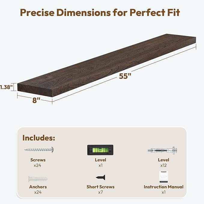Vivelove Elm Wood Floating Shelves, Wooden Shelves for Wall with Invisible Bracket for Living Room Bedroom Bathroom Office Book, Rustic Farmhouse Display Shelf, 55 Inch Set of 1- Dark Walnut