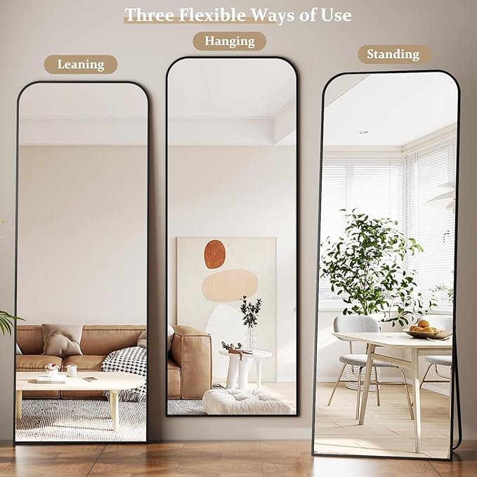 Full Length Mirror 65"x24" Arched Floor Standing Large Mirrors Full Body Mirror with Stand - with Aluminum Frame for Bedroom Living Room, Black