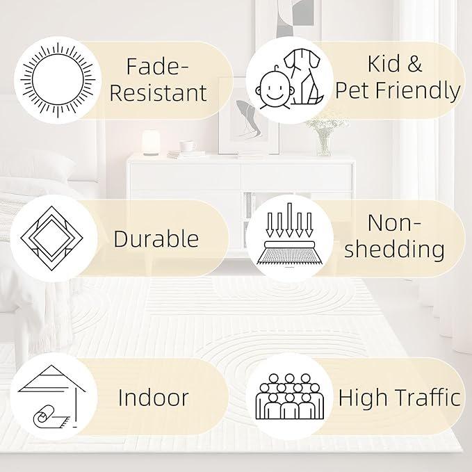 8x10 Extra Large Solid Color Area Rugs – Washable Living Room Rug, Durable Non-Slip Indoor Carpet with Soft High-Low Pile, Fluffy Floor Rugs for Bedroom, Kids Room, Nursery, Home Décor, Beige