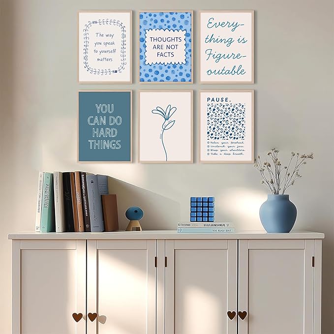 Mental Health Wall Decor Therapy Office Canvas Wall Art Posters Blue Boho Motivational Picture Psychology Artwork Inspirational Positive Quotes Prints for Counseling Office 8x10 Inch Unframed 6Pcs