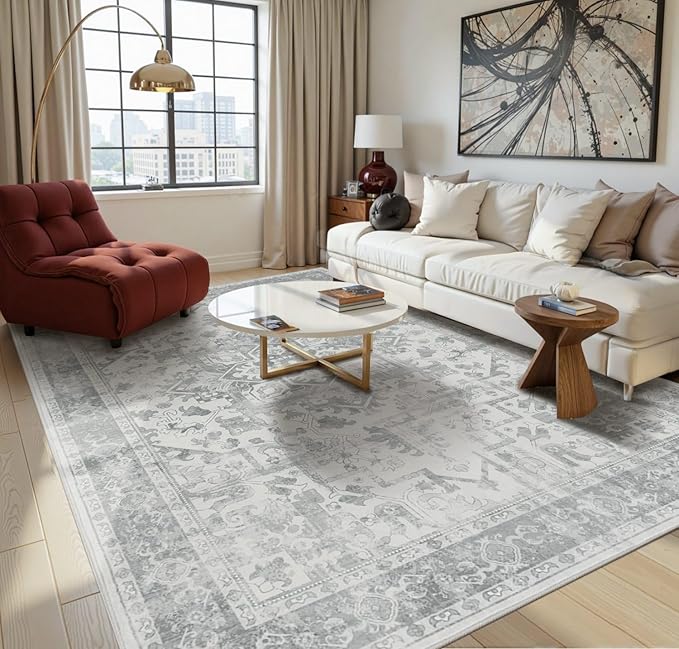Rugxara 8x10 Washable Area Rug for Living Room, Extra Large Neutral Vintage Boho Rugs for Office, Kids Room, Farmhouse, Durable Low Pile Non Slip Carpet for High Traffic Areas, Light Grey