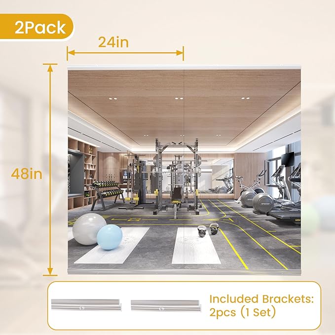 48X24 2Pack Large Home Gym Mirror, Frameless Tempered Glass Dance Wall Mounted Mirror for Home, Yoga, Dancing, Studio, Living Room
