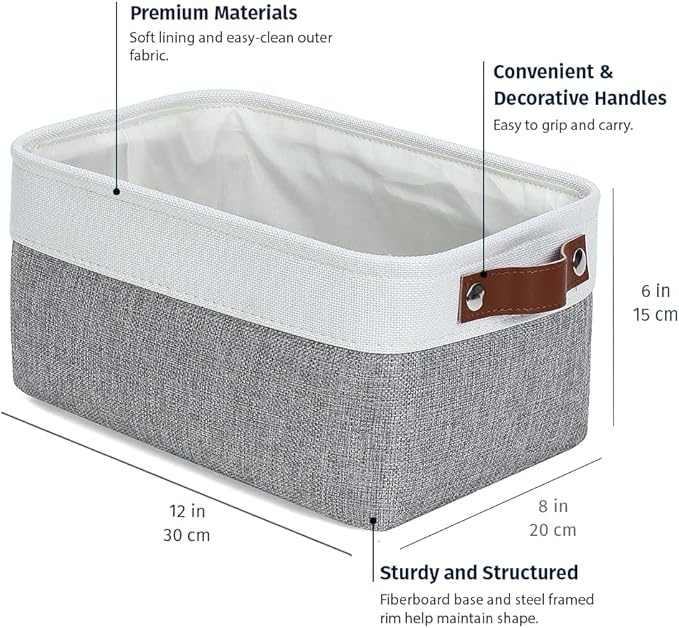 OrganiHaus Small Fabric Storage Baskets 6 Pack, 12x8in Cloth Storage Bins for Shelves, Small Baskets for Organizing Pantry Closet, Canvas Shelf Baskets, Gray/Off-White