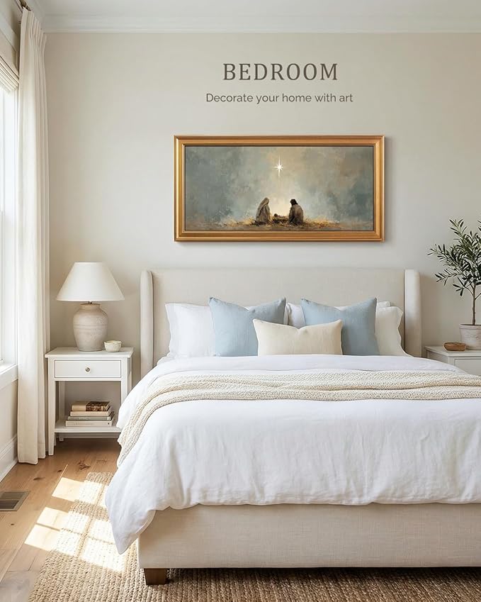 Bzstyleart Vintage Wall Art Decor for Living Room, Large Framed Jesus Wall Art Canvas, Christian Pictures Home Decor Aesthetic, Rejious Christian Artwork Painting, Star of Bethlehem, 20 x 40 Inch