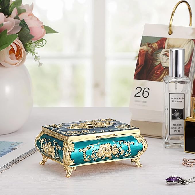 Hipiwe Vintage Metal Jewelry Box Small Treasure Chest Case Trinket Organizer Earrings Necklace Bracelet Storage Box Ring Box Holder Keepsake Box for Women
