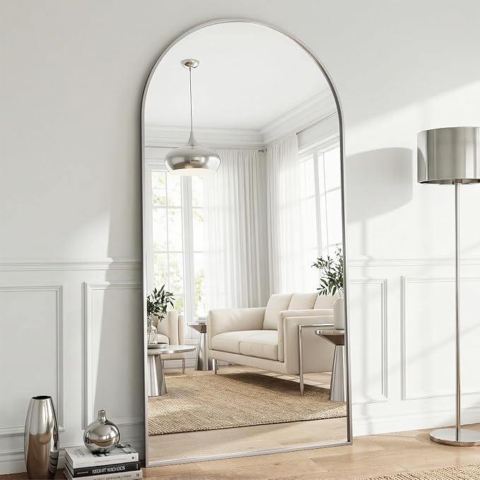 Oversized Full Body Mirror 30x71 inch Arched Full Length Mirror with Stand Aluminum Wall Mounted Hanging or Leaning Standing Mirrors,Silver