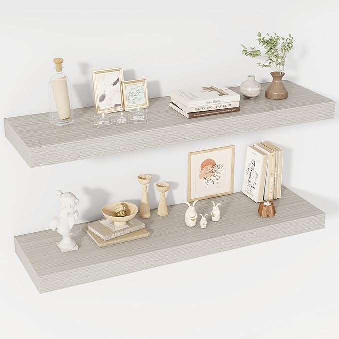 Acovy 40 Inch Floating Shelves, 12" Deep Floating Shelf Wall Mounted, 40" Wall Shelves, Rustic Deep Bookshelf, Extra Deeper & Thicker Display Shelves for Bedroom, Living Room, Gray, Set of 2