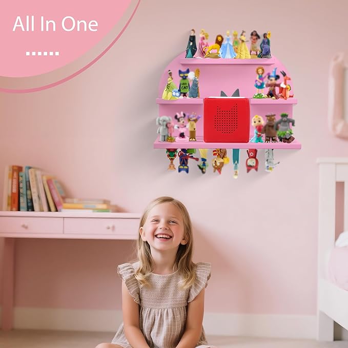 For Tonies Figures Shelf Magnetic,for Tonie box Wall Shelves,for Tonies Characters Organizer,Audio Toy Storage (Holds 45 Figurine),Compatible Charging Station for Kid's Room,Pine,Arch,Large,(Pink)
