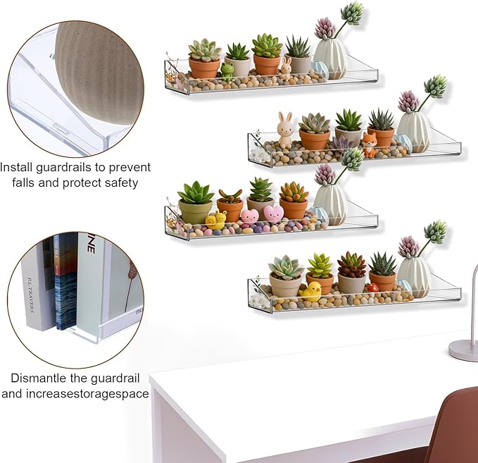 4 Pack Acrylic Shelves for Bathroom Wall with Adhesive,No Drilling Floating Shelves,Room Decor, Wall Shelf Organizer for Collectibles,Makeup,Perfume,Invisible Bookshelf