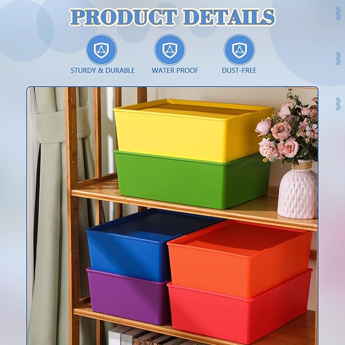 Menkxi 6 Pcs Large Plastic Storage Bins with Lids 14.4 x 10.4 x 5.1 Inch Stackable Storage Containers Decorative Cubby Organizer for Clothes Shelves Garage Closet Office (Colorful)