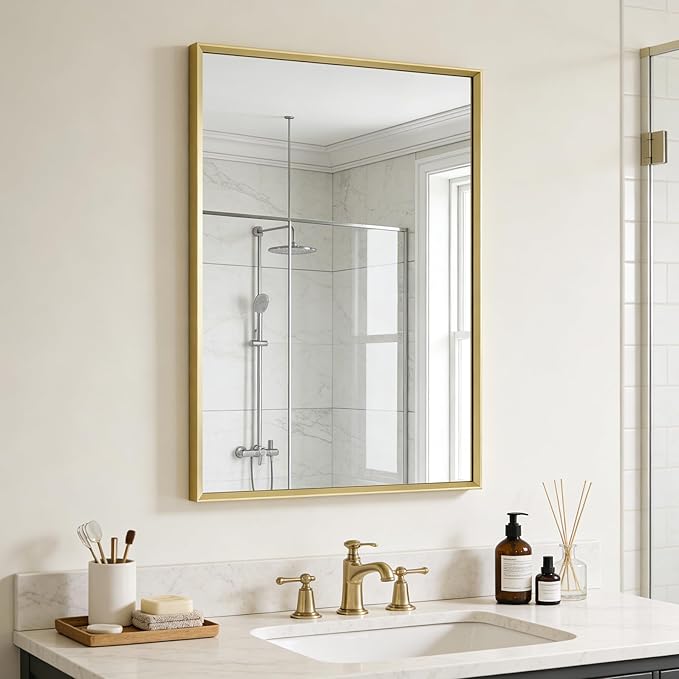 Bathroom Mirror for Wall, 36x24 Inch Metal Framed Mirror, Brushed Gold Rectangle Mirror, Bathroom Vanity Mirror Farmhouse, Tempered Glass, Anti-Rust, Hangs Horizontally or Vertically