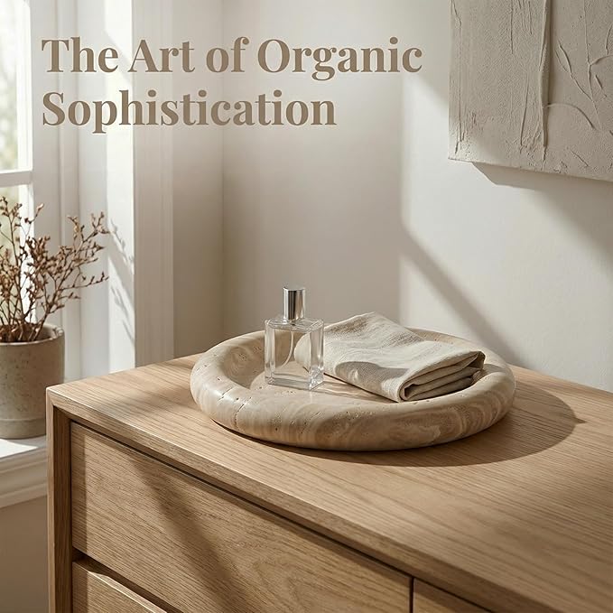 Natural Beige Travertine Vanity Tray - 8 Inch Round Stone Makeup & Jewelry Organizer Dish, Decorative Marble Tray for Bathroom Countertop, Coffee Table, Bedroom