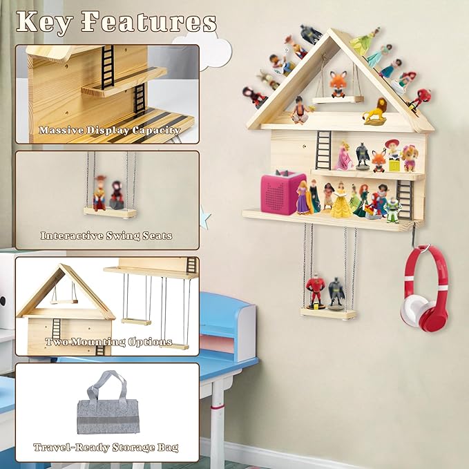 WodGod Magnetic House-Shaped Display Shelf for Tonies, 3-Tier Wooden Shelf with Magnetic Strips, Swing Display Seats, Storage Organizer Compatible with Toniebox, Mounting Hardware & Felt Storage Bag
