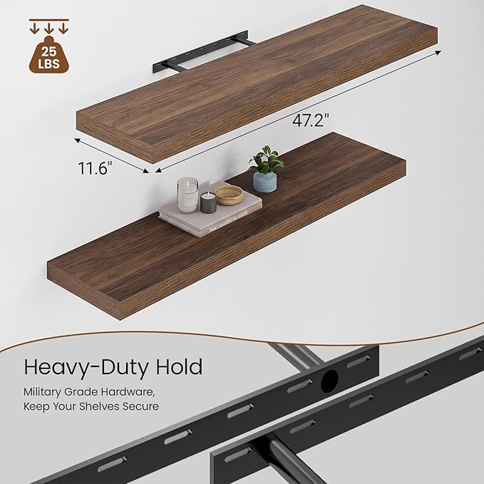 Heimlove 48W x 12D Long Floating Shelf, 12 Inch Deep Floating Shelves for Wall Set of 2, Wood Shelves for Bedroom Living Room Bathroom Kitchen Home Office, Walnut