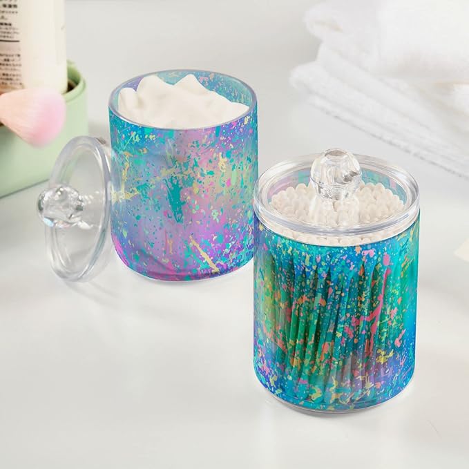 2 Pack Qtip Holder Dispenser for Cotton Ball Rainbow Grid Marble Cotton Swab Round Pads Clear Plastic Acrylic Jar Set Bathroom Canister