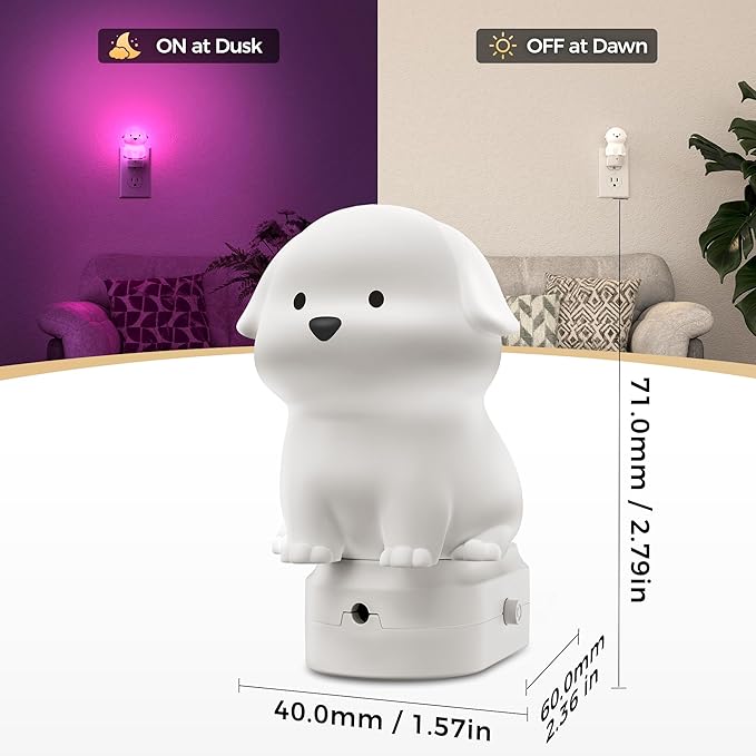 DORESshop LED Night Light for Kids, 3D Cute Puppy Night Lights Plug into Wall with Dusk to Dawn Sensor, RGB+Soft White 3000K Dog Night Light, Birthday Gift Nightlight for Kids, Room Decor