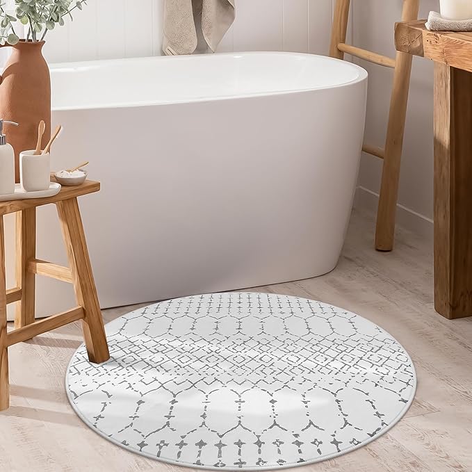 Lahome Moroccan Round Area Rug - 3Ft Round Rug Non-Slip Washable Soft Round Bathroom White Throw Small Circle Rug for Bedroom, Modern Geometric Print Low-Pile Round Rugs for Entryway Kitchen Sofa Hana