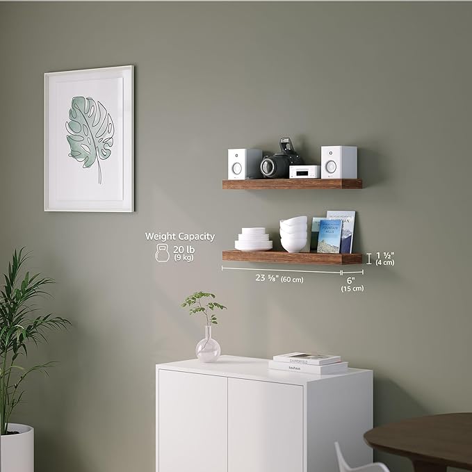 Ballucci Floating Shelves, 24" Wood Wall Shelf Set of 2, with Invisible Brackets for Bathroom, Living Room, Bedroom, Kitchen, Nursery, 6" Deep, Rustic Brown