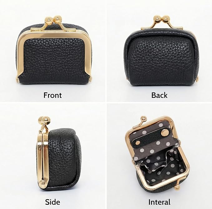 Genuine Leather Mini Jewelry Box Portable Vintage-Inspired Leather Small Coin Purse Jewelry Organizer Case Mini Travel Ring Box with Kiss Lock for Women Earring Ring Necklace