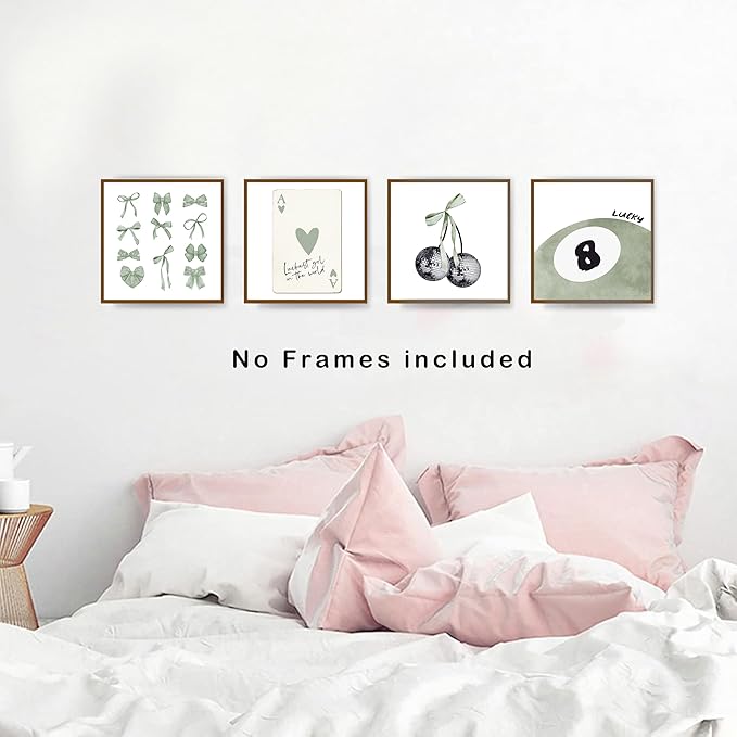 okaxscm Sage Green Coquette Trendy Preppy Wall Art Prints Set of 4, Coquette Preppy Room Decor Aesthetic, Green Bow Disco 8 Ball Cherry Wall Decor Posters for Girls Bedroom Dorm,10x10 Unframed