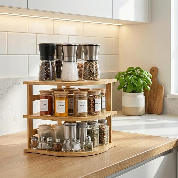 Goaste 3-Tier Bamboo Corner Shelf, Kitchen Countertop Storage Organizer, Cabinet Plate Rack for Pantry Organization, Bathroom, Desktop, 9.5 x 9.5 x 9.5 Inch