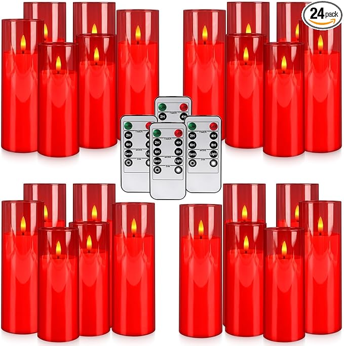 24-Pack Red Flameless LED Candles - Remote Control & Timer, Realistic Flickering for Chinese New Year Decor, Valentine's Day, Romantic Home Ambiance, Fireplace Mantel & Festive Centerpieces
