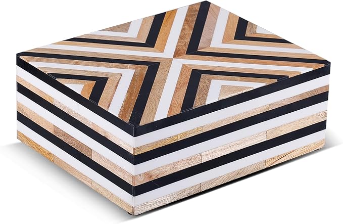 Handicrafts Home Large Decorative Storage Box with Lid – Black White Wood Coffee Table Storage Box Organizer, Storage Boxes for Home Decor, Resin Inlay Wooden Keepsake Memory Box – Chevron 12x8x5