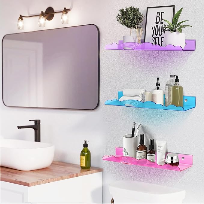 Rainbow Acrylic Floating Shelves, 15in Kids Wall Mounted Nursery Bookshelves, Display Ledge for Books Toys Cosmetic, Bathroom Bedroom Living Room Wall Decor and Storage, 4 Pack, Mix