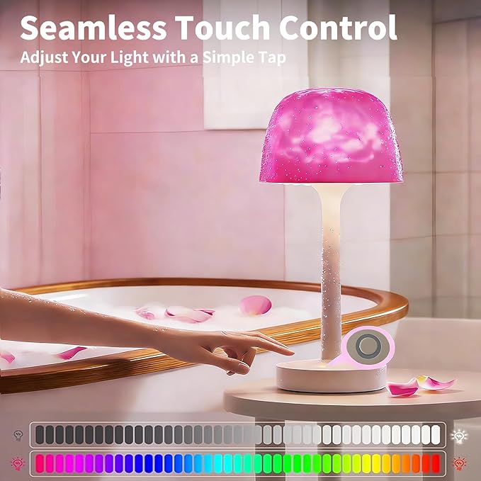 Rechargeable Waterproof Spa-Like Shower Lamp with 16 RGB Colors & Ocean Wave Projector, Dimmable Cordless Light with Touch & Remote Control, 2‑in‑1 Bathroom Lamp for Shower, Bathtub, Indoor & Outdoor