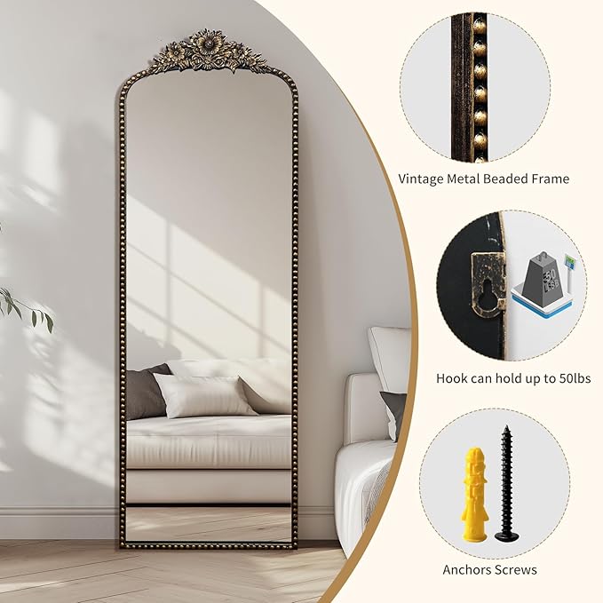 Full-Length Baroque Style Vintage Mirror, 65"L x 22"W, Wall-Mounted, Antique Black Iron Frame, Thick 4MM Glass, Explosion-Proof, Living Room, Bedroom, Entryway
