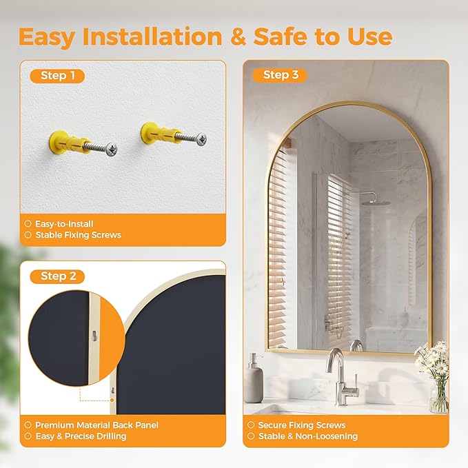 OLIXIS Arched Gold Bathroom Mirror for Over Sink, 36x24 Inch Wall Mirror, Bathroom Vanity Mirror with Matte Metal Frame for Home Decor, Living Room
