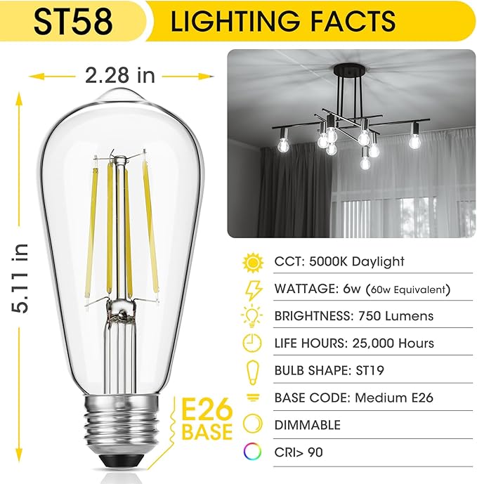 Gozelux Vintage LED Edison Bulbs, 6W, Equivalent 60W, High Brightness Daylight 5000K, ST58 Antique LED Filament Bulbs with 90+ CRI, E26 Medium Base, Dimmable, Clear Glass, Pack of 6