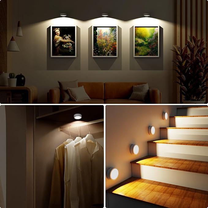 3 Pack Picture Lights for Wall, 13 RGB Color Rechargeable Battery Operated wall lights, Picture Frame lights with 3 Lighting Modes, Wireless Magnetic Painting Light with Remote Control Timer, (White)