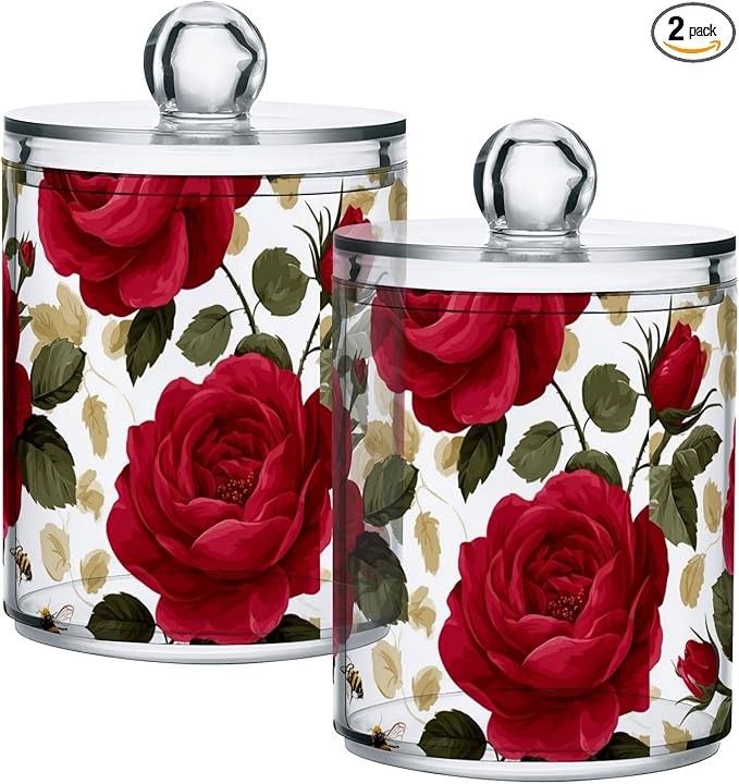 2 Pack Apothecary Jars Plump Red Roses and Bees Bathroom Vanity Storage Organizer Set,Small Clear Plastic Storage Jars Bathroom Canister for Cotton Swabs, Rounds, Balls, Qtips,Makeup Sponges, F