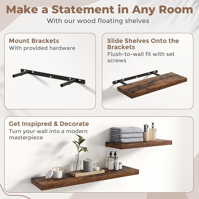 8 Inch Floating Shelves for Wall with Invisible Brackets Set of 3, 8"D Engineered Wood Wall Shelves with Wood Grain for Living Room, Bedroom, Bathroom, Kitchen Decor and Storage, Rustic Brown