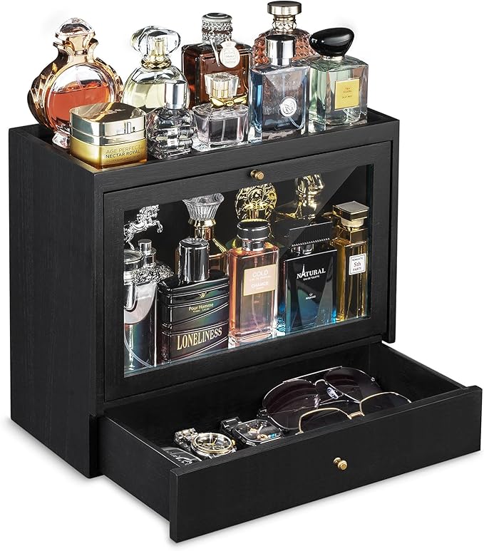 Emfogo Cologne Organizer for Men, Solid Wood Perfumes Organizer for Men Dresser, Large Capacity Dustproof Cologne Holder with Drawer Storage Perfume Stand Organizer, Ideal Gift for Loved ones