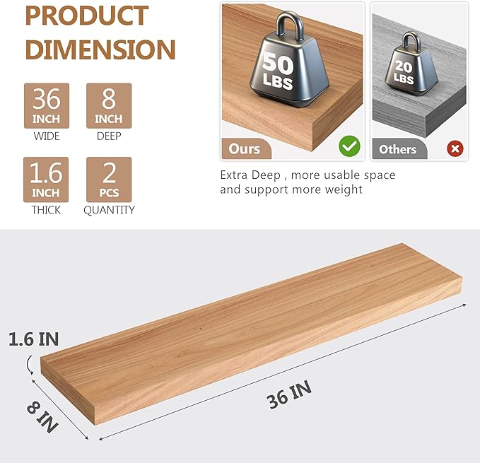 Floating Shelves, Deep USA-Sourced Rustic Elm Wood Wall Shelves for Storage, 8 Inch Deep Wall Mounted Display Shelving with Invisible Heavy-Duty Metal Bracket (Natural, 36" W x 8" D, Set of 2)
