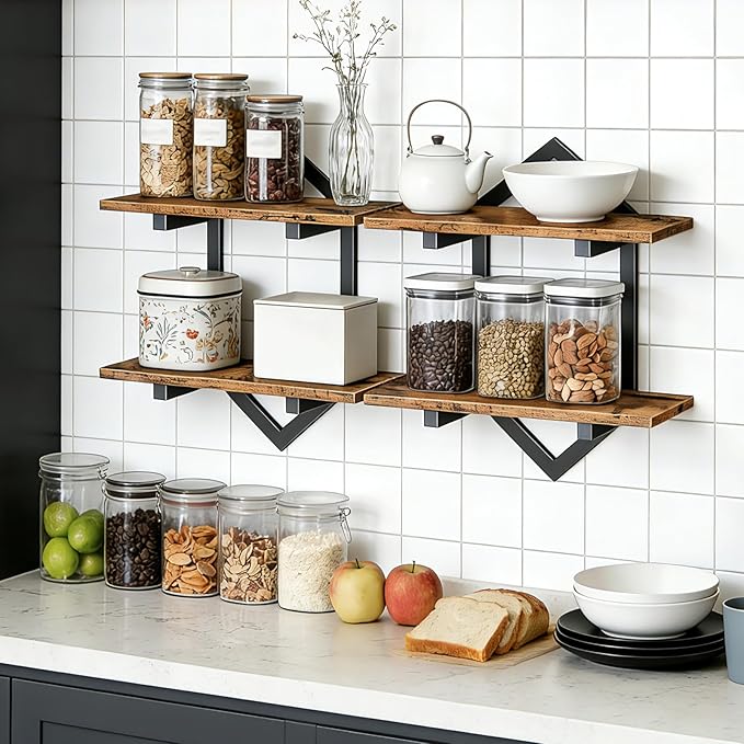 HOOBRO Floating Shelves, 15 Inch Wall Shelf Set of 2, Wall Mounted Storage Shelves 2-Tier, Hanging Bathroom Shelves, for Living Room, Bedroom, Bathroom, Kitchen, Rustic Brown and Black BF13BJP201